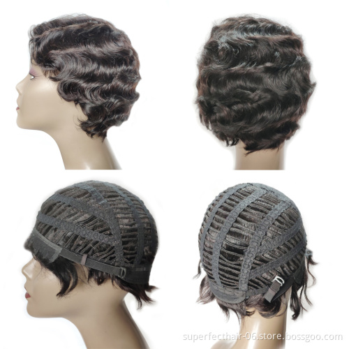 Short Human Hair Wigs  Machine Made Ocean Wave Natural Color 8Inches 100g Virgin Hair Wig